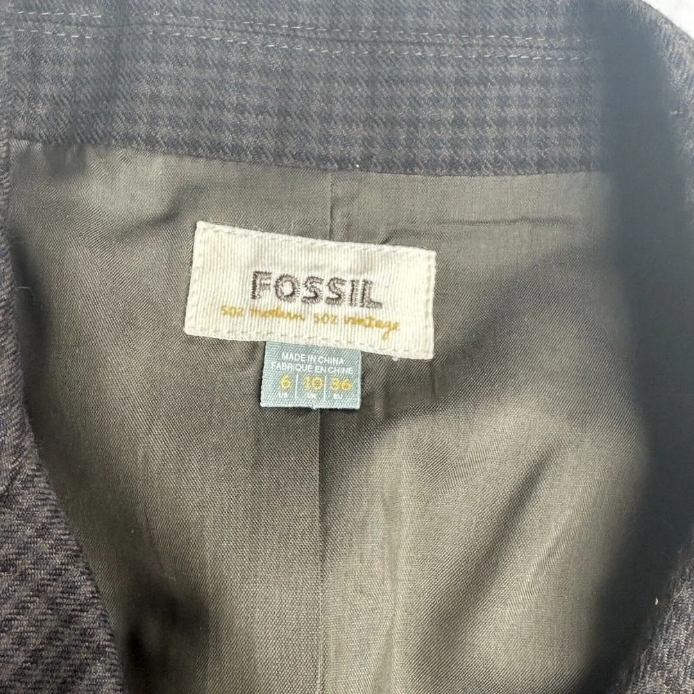 Fossil Blazer Jacket Women's Size 6 Brown‎ Plaid Lined Equestrian Button Pockets